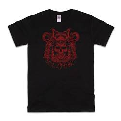 Japanisches Samurai Skull T-Shirt - Armour Tattoo Kalligraphie Damen Herren Bedrucktes T-Shirt, Schwarz mit rotem Aufdruck, 58 von Strand Clothing