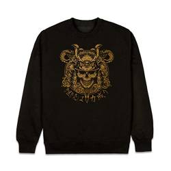 Japanisches Samurai Skull Tattoo Sweatshirt - Damen Herren Bedruckter Pullover Sweater, Schwarz mit goldfarbenem Aufdruck, XXXL von Strand Clothing