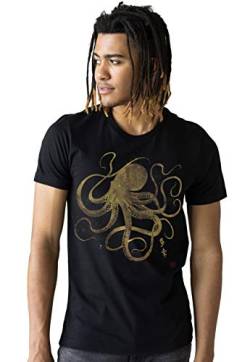 Octopus Japanische Kalligraphie T-Shirt Japan Traditionelle Kunst Gedruckt Tee Männer Frauen Gr. L, Schwarz von Strand Clothing