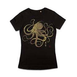 Octopus Japanisches Kalligraphie-T-Shirt Traditionelle Kunst Gold Gedruckt Tee Damen Herren, Damen-T-Shirt, Schwarz, Large von Strand Clothing