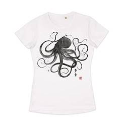 Octopus Japanisches Kalligraphie-T-Shirt Traditionelle Kunst Gold Gedruckt Tee Damen Herren, weiß, M von Strand Clothing