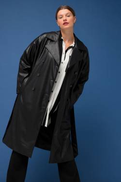 Große Größen Fakeleder-Trenchcoat, Damen, schwarz, Größe: 50/52, Polyester/Synthetische Fasern, Studio Untold von Studio Untold