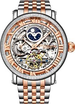 Stührling Original Herren Automatikuhr Skelett Uhr Analog Zifferblatt Silber Akzente Dual Time AM/PM Sun Moon Edelstahl Armband 3922 Uhren für Herren Kollektion rose gold von Stuhrling