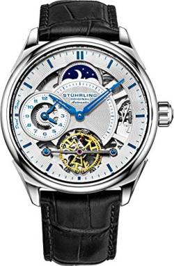 Stuhrling HerrenArmbanduhr aus Edelstahl mit automatischem mechanischem SkelettUhrwerk mit DuellZeitZifferblatt und AMPMAnzeige und verstellbarem EdelstahlGliederarmband, silber, schwarz, von Stuhrling