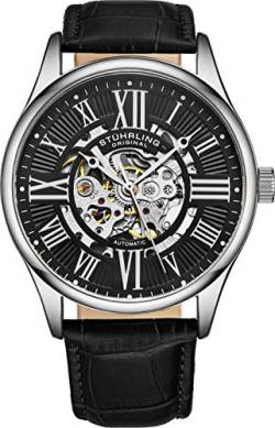 Stuhrling Original Atrium Herren-Armbanduhr, Skelett, automatisch, mechanisch, mit Premium-Lederband, Silber, schwarz, Mechanische, automatische Armbanduhr von Stuhrling