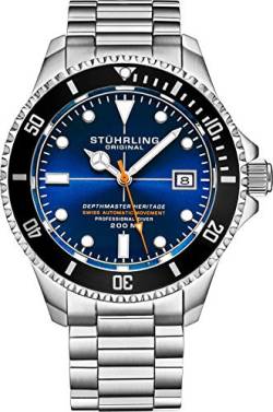 Stuhrling Original DEPTHMASTER Herren-Armbanduhr, automatisch, silberfarben, Edelstahl, blaues Zifferblatt, 200 m wasserdicht, gebürstetes und abgeschrägtes Armband, Sicherheitsverschluss, von Stuhrling