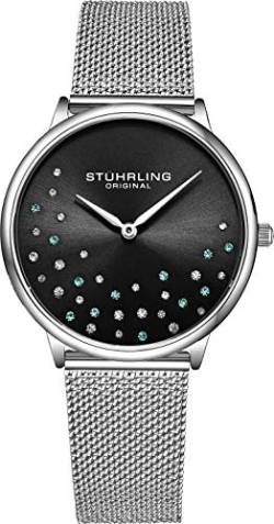 Stuhrling Original Damenuhr Krystal Analog Watch Dial, Edelstahlgewebe Armband 3928 Uhren für Damen Kollektion (Black) von Stuhrling