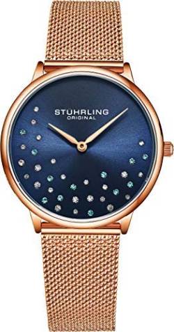 Stuhrling Original Damenuhr Krystal Analog Watch Dial, Edelstahlgewebe Armband 3928 Uhren für Damen Kollektion (Rose Gold/Blue) von Stuhrling