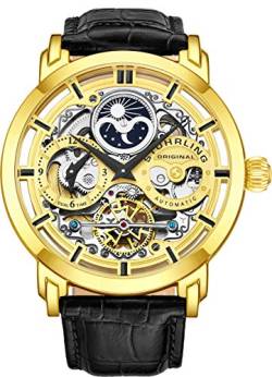 Stuhrling Original Herren Automatik-Selbstaufzug Luxuskleid Skeleton Dual Time Gold-Tone Armbanduhr 22 Jewels 47 mm Edelstahlgehäuse von Stuhrling