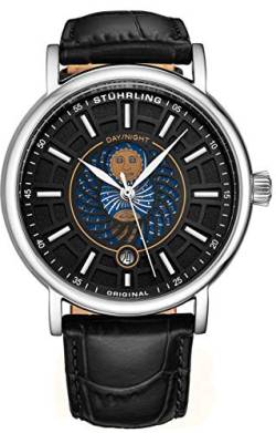 Stuhrling Original Herren Kleiduhr Edelstahlgehäuse und Lederband Analoges Zifferblatt mit Datum und Tag/Nacht-Komplikation Duet Mens Watches Collection (Black) von Stuhrling