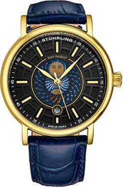 Stuhrling Original Herren Kleiduhr Edelstahlgehäuse und Lederband Analoges Zifferblatt mit Datum und Tag/Nacht-Komplikation Duet Mens Watches Collection (Gold) von Stuhrling