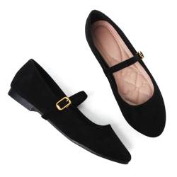 Stunner Mary Jane Ballerinas mit quadratischem Zehenbereich, bequeme Knöchelriemen, flache Schuhe, legere Schlupfschuhe, Schwarz, Rundes Wildleder, Schwarz, 40.5 EU von Stunner