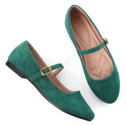 Stunner Mary Jane Ballerinas mit quadratischem Zehenbereich, bequeme Knöchelriemen, flache Schuhe, legere Schlupfschuhe, Schwarz, Rundes Wildleder, dunkelgrün, 39 EU von Stunner