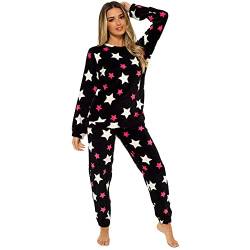 Damen-Schlafanzug, Monogramm, flauschig, Fleece, Velours, Samt, Loungewear Gr. 36, Pyjama Black Star von Style It Up