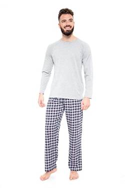 Herren-Pyjama-Set, lang, Baumwolle, Loungewear, langärmelig, T-Shirt, Hose, PJ-Set, erhältlich in den Größen S, M, L, XL, 2XL, normale Größen, Graue Hose mit Karomuster, XL von Style It Up