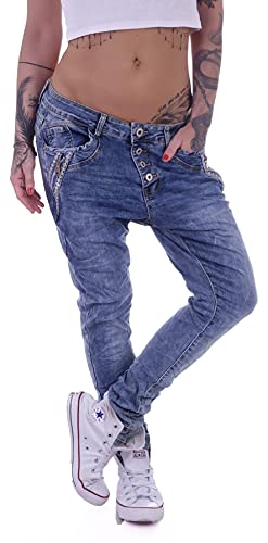 Damen Boyfriend Hose Hüftjeans Jeans Damenjeans blau Boyfriend-Hose-n Damen-Hose-n Jeans-Hose-n Baggyjeans Baggy-Hose-n Girlfriend Knopfleiste Niedrige-r Leib Bund Gr Größe Hell-Blau-e XS 34 von Style-Station