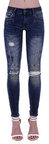 Damen Hüftjeans Skinny Röhrenjeans Stretch Jeans Damenjeans Damen-Hose-n Jeans-Hose-n Stretchjeans Ripped Zer-risse-n Hüft-Hose-n Niedrig-e-r Sehr Leib-Höhe Bund Röhre-n Dunkel-blau-e Gr Größe XS 34 von Style-Station