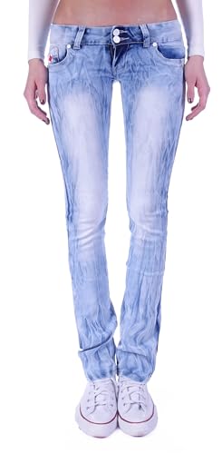 Damen Jeans Gerader Schnitt Straight Leg Hüftjeans Low Waist Blau Batik Damen-Hose-n Jeans-Hose-n Hüft-Hose-n Niedrige-r Leib-Höhe Bund Stretchjeans Stretch-Hose-n Denim Gr Größe Blau-e S 36 von Style-Station