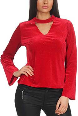 StyleLightOne Damen Dünner Glitzer-Pullover Sweatshirt Schlag-Ärmel Halsband V-Ausschnitt Stretch Clubwear Party, Rot L von StyleLightOne