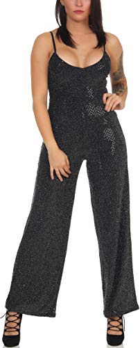 StyleLightOne Damen Glitzer Overall Jumpsuit Onesie Pailletten Schlaghose Träger Silvester Tanzhose Clubwear, Schwarz 36/38 (M) von StyleLightOne