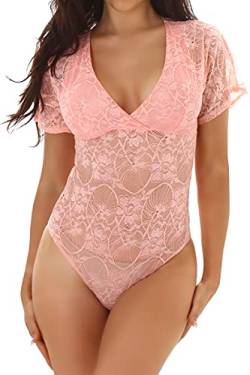 StyleLightOne Damen Transparenter Body Spitze Sommer-Top Blumen-Motiv Kurzarm, Rosa 38 (L) von StyleLightOne