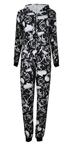 StyleWear Damen Pyjama mit Kapuze, langärmelig, mit Reißverschluss vorne, bedruckt, Freizeitkleidung, Totenkopf Rose, 38-40 von StyleWear