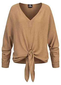 Styleboom Fashion® Damen Bluse Longsleeve mit Knoten vorne Camel braun von Styleboom Fashion