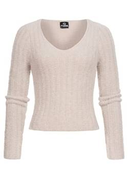 Styleboom Fashion® Damen kurzer V-Neck Fluffy Pullover Kunstfell beige von Styleboom Fashion