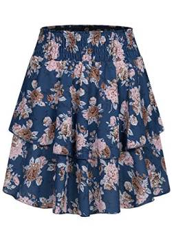 Styleboom Fashion Damen Mini Stufenrock Blumen Muster breiter Bund Navy blau rosa von Styleboom Fashion