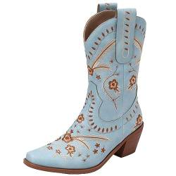 StyliShoes Damen Klassische Cowboystiefel Bestickte Westernstiefel mit Blockabsatz (Blau,42) von StyliShoes