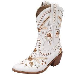 StyliShoes Damen Klassische Cowboystiefel Bestickte Westernstiefel mit Blockabsatz (Weiß,39) von StyliShoes