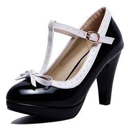 StyliShoes Damen Süß T-Strap Bogen Pumps mit Blockabsatz (Schwarz, 45 EU) von StyliShoes