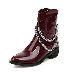 StyliShoes Modische Damen Glänzende Stiefeletten mit Cooler Kette(Wein Rot,39) von StyliShoes