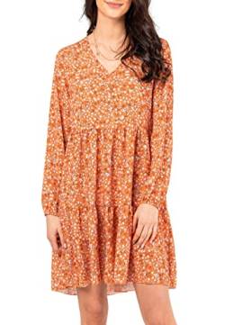 Sublevel Damen Kleid Frühling und Sommer mit Blumen-Muster Blumenkleid Langarm orange L/XL von Sublevel