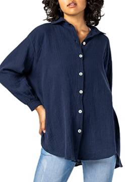 Sublevel Damen Musselin Bluse Muslin Long-Bluse Langarm Oversize Baumwolle Dark-Blue M/L von Sublevel