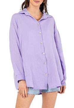 Sublevel Damen Musselin Bluse Muslin Long-Bluse Langarm Oversize Baumwolle Light-Purple S/M von Sublevel