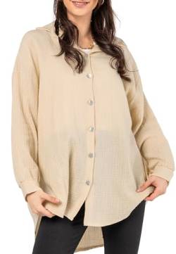 Sublevel Damen Musselin Bluse Muslin Long-Bluse Langarm Oversize Baumwolle Light-beige S/M von Sublevel