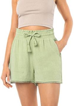 Sublevel Damen Musselin Shorts aus Baumwolle mit Bommelborte Light-Green M von Sublevel