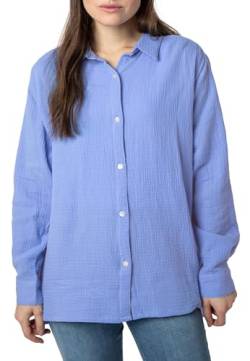 Sublevel Damen Oversize Musselin Bluse mit Kentkragen - Luftig, Knopfleiste, überschnittene Schulter - Sommerstil in Schwarz, Weiß, Blau, Hellbeige und hellgrün Blue L/XL von Sublevel