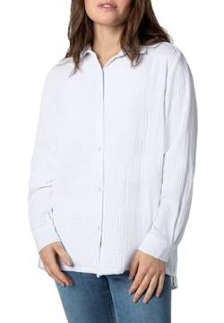 Sublevel Damen Oversize Musselin Bluse mit Kentkragen - Luftig, Knopfleiste, überschnittene Schulter - Sommerstil in Schwarz, Weiß, Blau, Hellbeige und hellgrün White S/M von Sublevel