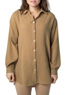 Sublevel Langarm Musselin Bluse mit Kentkragen - Damen Muselin Oversize Bluse, Baumwolle, Knopfleiste in verschienden Farben Middle-beige M/L von Sublevel