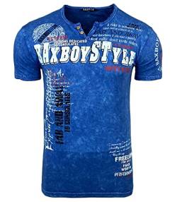 BX148 Herren T-Shirt mit V-Ausschnitt und Knopfleiste, mit einzigartigem Druck, modisch und Vintage, blau, L von Subliminal Mode