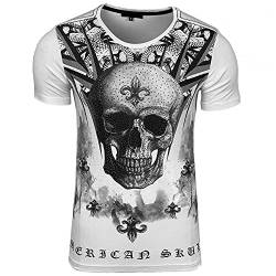 HerrenTShirt mit Totenkopf, Rundhalsausschnitt, bedruckt, Lilienblüte, mit Strass, kurze Ärmel, erhältlich in Schwarz, Weiß, Grau, Türkis in Größe S bis XXL, Geschenkidee für Weihnachten, von Subliminal Mode