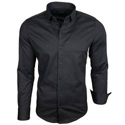 Subliminal Mode - Herrenhemd, tailliert, Kragen und Ärmel, zweifarbig, mit einfachem Bügeln, langärmlig, lässig, S500, einfarbig schwarz, L von Subliminal Mode