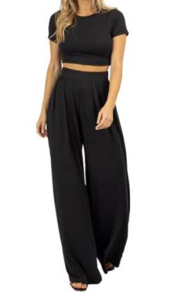 Sucor Damen 2 Teiler Sommer Outfit Set Crop Top und Weites Bein Shorts Set Strampler(S,Schwarz) von Sucor