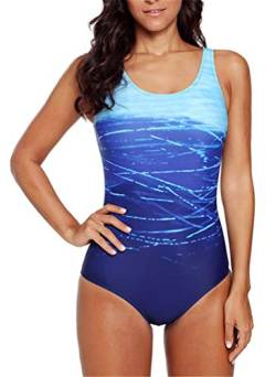 Sucor Damen Einteiliger Badeanzug Farbverlauf Swimsuit Kreuz Rückenfrei Sport Schwimmanzug(L,Blau) von Sucor