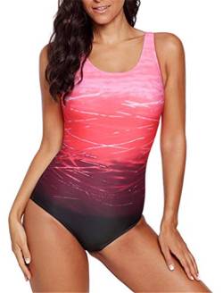 Sucor Damen Einteiliger Badeanzug Farbverlauf Swimsuit Kreuz Rückenfrei Sport Schwimmanzug(L,Rot) von Sucor