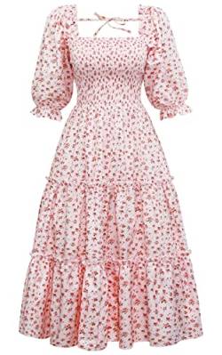 Sucor Damen Vintage Kleider Elegant Langes Viktorianisches Kleid Blumendruck Strandkleid Square Neck Puff Maxikleid(M,CQ6) von Sucor