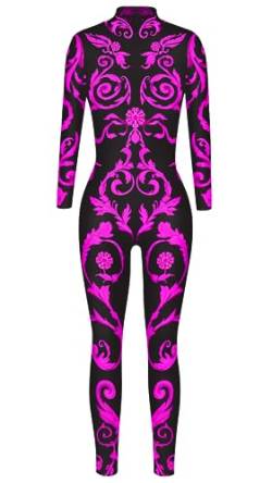 Sucor Frauen Halloween Cosplay Party Kostüm Mehrfarbig Scary Skelett Tight Fit Lustige Elastische Langarm (L,Magenta2) von Sucor