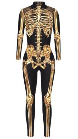 Sucor Frauen Halloween Cosplay Party Kostüm Mehrfarbig Scary Skelett Tight Fit Lustige Elastische Langarm (XL,Golden Skelett) von Sucor